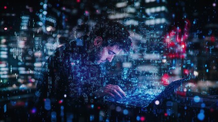 Person working on laptop with digital code overlay