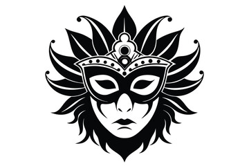 Ornate black mask dominates a stylized female face with sharp, decorative points on white