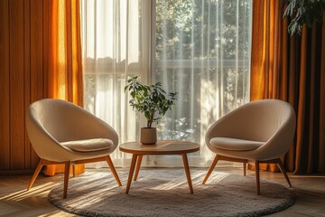 Two barrel chairs and a round wooden coffee table near a window, set against a paneling wall and curtain, ideal for mid-century home interior design, Generative AI