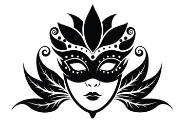 Ornate black carnival mask displays a stylized face with decorative leaves and swirls on white