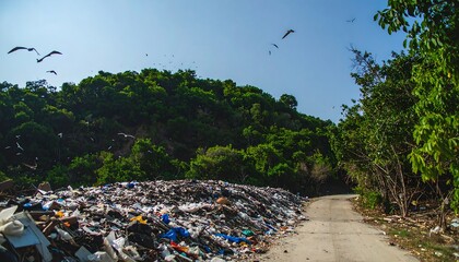 Waste pile by hillside on sunny day
