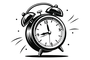 Classic black alarm clock on white background shows it is almost eight o'clock