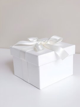 Scatola regalo bianca, confezionata in modo elegante e raffinato con un nastro dorato legato a fiocco sulla parte superiore.