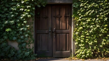 An ancient door hidden in ivy, with one hinge broken and shadows moving inside 4
