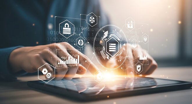 Person using a tablet with digital technology and data visualization