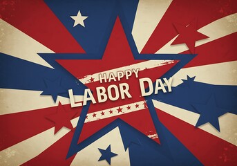 A vintage Happy Labor Day graphic with a large blue star on a patriotic red and white sunburst background.