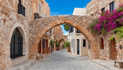 Fototapeta premium Charming Mediterranean Town s Picturesque Stone Archway Street Under Bright Blue Sky on Sunny Day