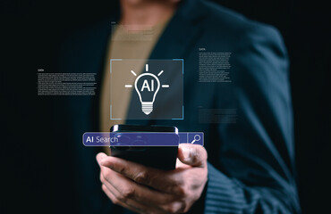 A businessman interacts with a virtual search bar 