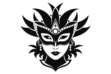 Stylish woman wearing feathered masquerade mask in black stands regally on white