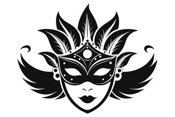 Ornate black carnival mask with decorative plumes gracefully adorns the expressive face on white
