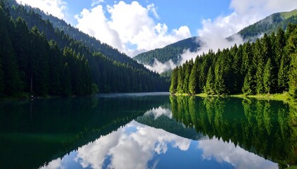 Serene mountain lake reflecting clouds