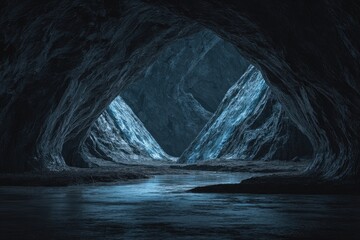 Dark, cavernous interior, icy blue rock formations