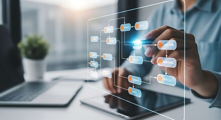 Person interacting with a digital flowchart on a tablet screen