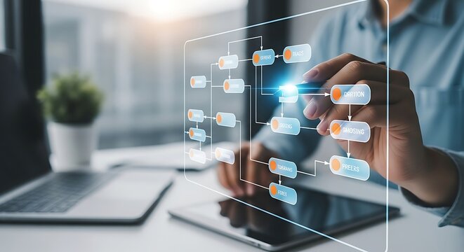 Person interacting with a digital flowchart on a tablet screen