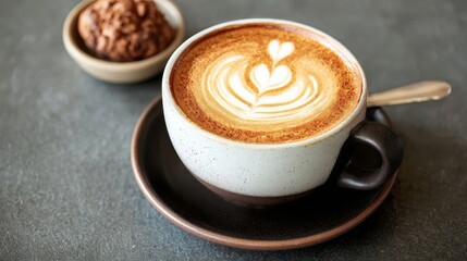 Warm coffee with beautiful latte art hearts inviting cozy moments and perfect morning sips of joy.