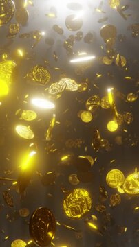 Falling gold bitcoins. A rain of gold coins. Crypto exchange. 3D 4K loop animation	
