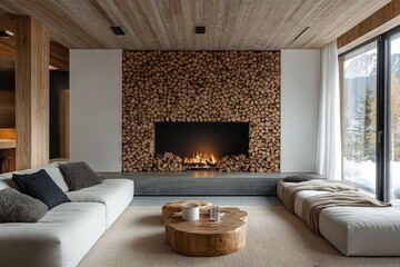 Wooden log decorative panel in a room with a fireplace and firewood, creating a Scandinavian-inspired modern living room with a rustic twist, Generative AI