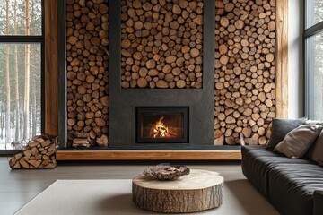 Wooden log decorative panel in a room with a fireplace and firewood, creating a Scandinavian-inspired modern living room with a rustic twist, Generative AI