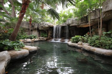 Naklejka premium Tropical waterfall cascading into a serene pool surrounded by lush landscaping and rock formations
