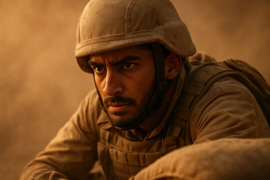 Determined young male soldier crouching in dusty environment, wearing tactical military gear and helmet during intense combat - Powered by Adobe