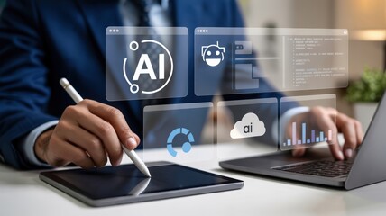 Artificial Intelligence (AI) - A businessman's hands using a digital pen on a tablet, with a digital display showing "AI" and icons for a chatbot and analytics