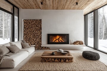 Wooden log decorative panel in a room with a fireplace and firewood, creating a Scandinavian-inspired modern living room with a rustic twist, Generative AI
