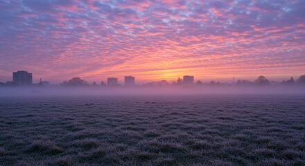 Pastel Sunrise Over Frosted Meadow with Distant Buildings in Winter Landscape