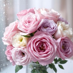 Fototapeta premium A beautiful bouquet of pastel pink and white roses glistens with fresh raindrops on a windowpane