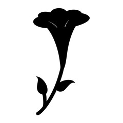 Elegant black silhouette illustration of a blossoming flower against a white backdrop