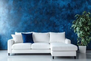 White sofa placed near a blue patterned wall, creating a Boho or eclectic style modern living room with vibrant, artistic decor, Generative AI