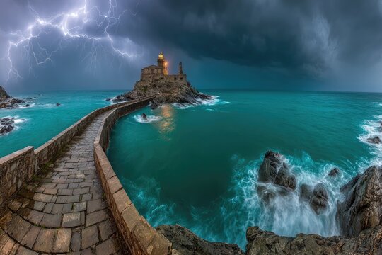 Dramatic storm over a coastal stone path leading to a lighthouse - Powered by Adobe