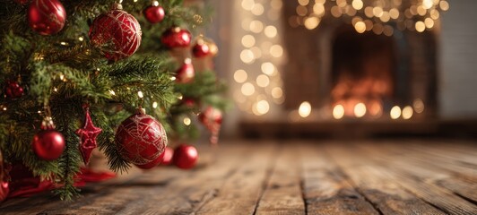 The beautifully decorated Christmas tree with red ornaments and warm fireplace glow.