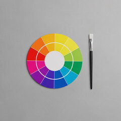 Obraz premium Color wheel and paintbrush flat lay on a gray background. Concept for color theory, graphic design, art, and palette selection. Minimalist top view for creative projects, branding, and interior design