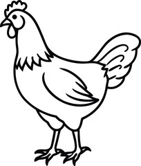 Isolated white domestic fowl silhouette with a red comb and beak, surrounded by a cartoon hen and her chicks