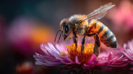 Honeybee on a vibrant pink flower.  Close-up view of a honeybee hovering over a flower, wings outstretched,  detailed furry body, vibrant colors