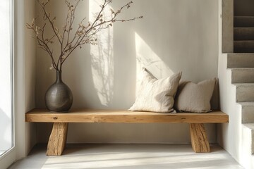 Minimalist interior design of a modern entrance hall featuring a wooden bench, capturing the essence of simplicity and functionality, Generative AI