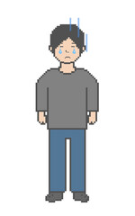 Pixel art of a crying man in black clothes