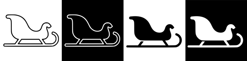 Four stylized illustrations of a sleigh, presented with contrasting colors, in rows.
