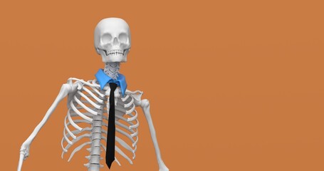 Illustration of a human skeleton wearing a blue collar with a tie, “blue-collar” concept, symbol of labor and office work, creative image, isolated on orange background, 3D render