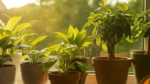 A collection of vibrant green houseplants basking in warm morning sunlight on a windowsill with a slow camera pan revealing their natural beauty