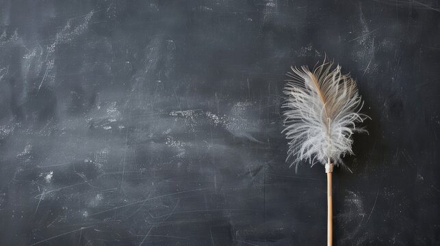 A feather duster rests against a dark chalkboard background, highlighting its soft texture and elegant design.