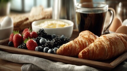 Delicious Breakfast: Croissants, Berries & Coffee