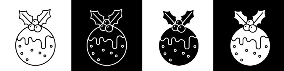 Four variations of a Christmas pudding icon;  white line art on black and white backgrounds.