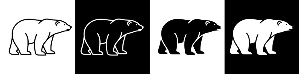 Four variations of a polar bear silhouette, alternating black and white.
