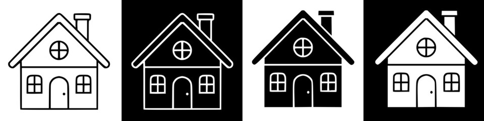 Four house illustrations in a row, alternating between black and white backgrounds, showcasing design.