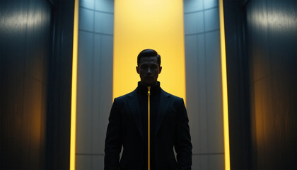 Obraz premium Man in Suit in Futuristic Hallway