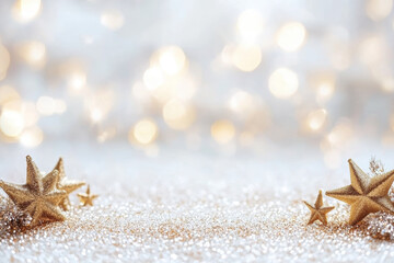 Golden stars on sparkling winter background with bokeh lights festive and magical holiday atmosphere