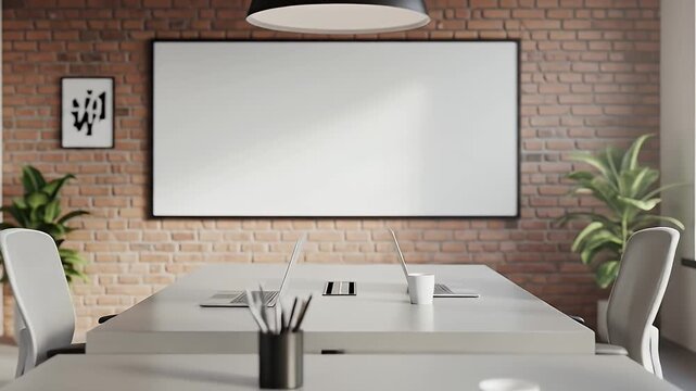 Modern office conference room interior with a slow zoom towards a blank whiteboard on a brick wall perfect for mockups and presentations
