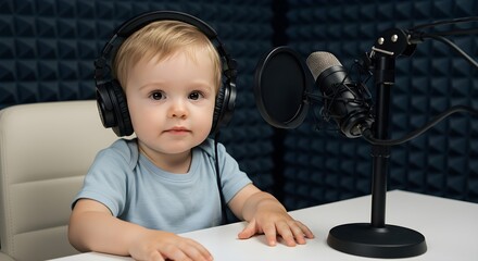 A charming baby boy with headphones sits ready to record music or a podcast in a studio.