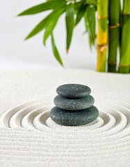 Obraz premium Stacked stones rest on concentric circles in white sand, with bamboo in the background